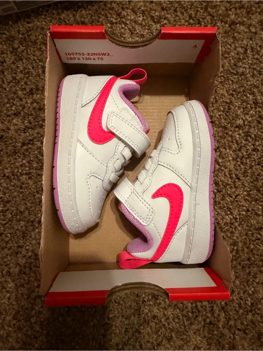 Nike White and Hot Pink Kids Sneakers with Hook-and-Loop Straps